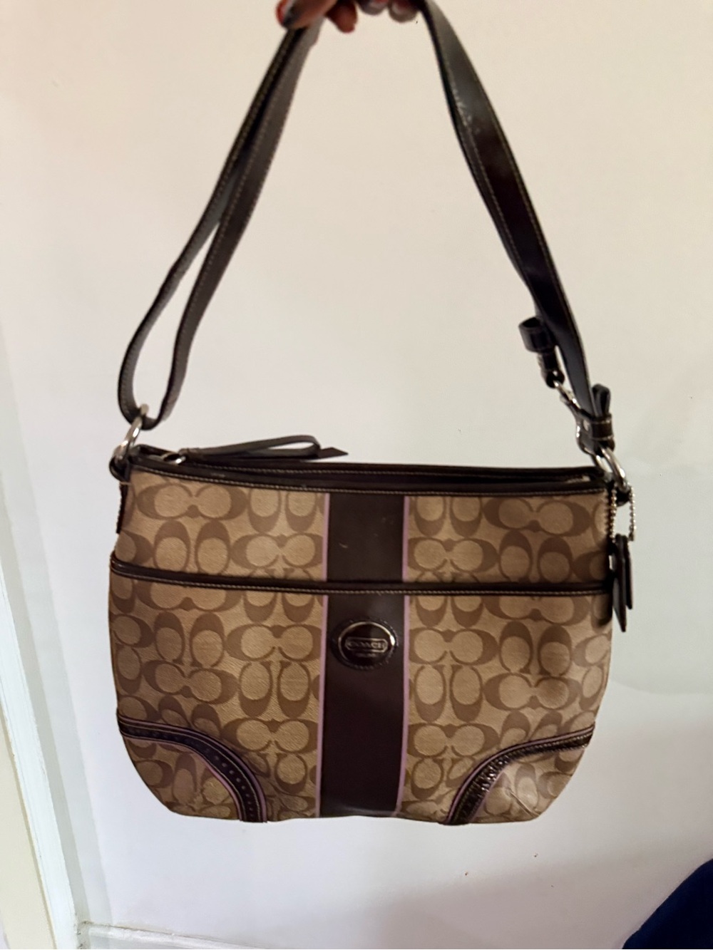 Coach Brown Signature Canvas Shoulder Bag with Dark Brown Trim